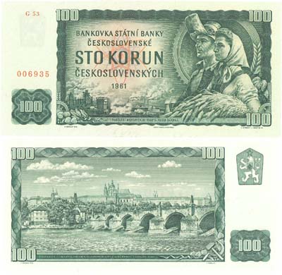 Лот №295,  Чехословакия (ЧСФР). Государственный банк Чехословакии. 100 крон 1961 года, репринт (1990-1992 гг).