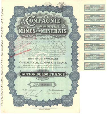 Лот №696,  Бельгия. Акция в 100 франков 1928 года. Компания по добыче полезных ископаемых.