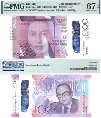 Лот №698,  Гибралтар. Правительство Гибралтара. 100 фунтов стерлингов образца 2015 года. Выпуск 2017 года. Памятная банкнота 100 лет со дня рождения Джошуа Хассана. В слабе PMG 67 EPQ Superb Gem Unc.