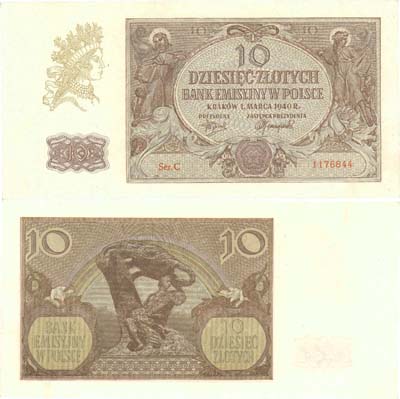 Лот №716,  Польша. Эмиссионный банк Польши. Оккупация Германией. 10 злотых 1940 года.