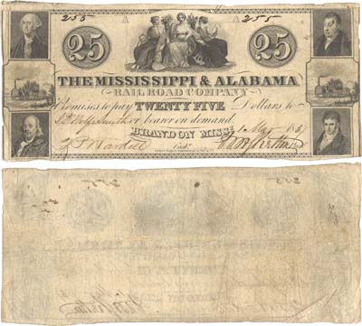 Лот №720,  США. Железнодорожная компания Миссисипи и Алабамы. 25 долларов 1837 года.