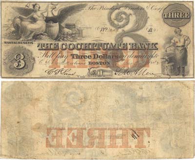Лот №722,  США. Массачусетс. Кочитуате Банк, 3 доллара 1852 года.