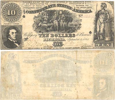 Лот №725,  Конфедеративные Штаты Америки. Ричмонд, Вирджиния. 10 долларов 1861 года .