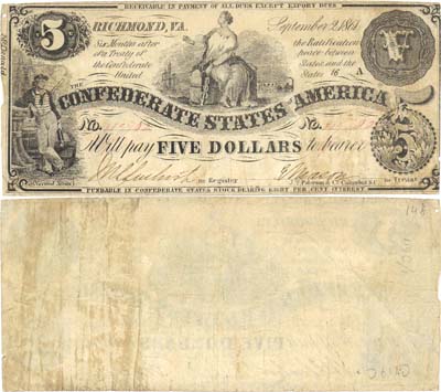 Лот №726,  Конфедеративные Штаты Америки. Ричмонд, Вирджиния. 5 долларов 1861 года.