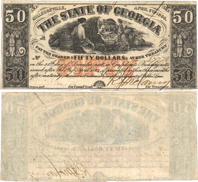 Лот №738,  США. Штат Джорджия (Милледжвилл). 50 долларов 1864 года.