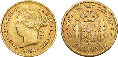 Лот №213,  Испанские Филиппины. Колония. Королева Изабелла II Испанская. 2 песо 1863 года.