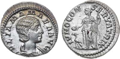 Лот №22,  Римская Империя. Юлия Мамея, мать и соправительница императора Александра Севера. Денарий 222 года.