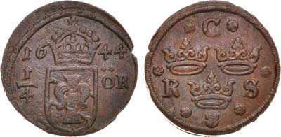 Лот №236,  Королевство Швеция. Королева Кристина. 1/4 эре 1644 года.
