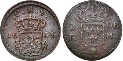 Лот №240,  Королевство Швеция. Король Карл XI. 2 эре 1664 года (K.M.).