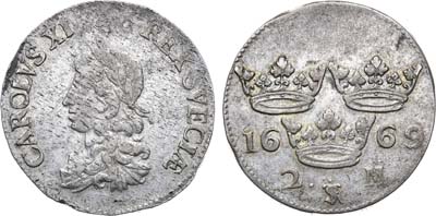 Лот №242,  Королевство Швеция. Король Карл XI. 2 марки 1669 года.