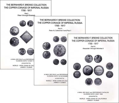 Лот №1432,  James F. Elmen. Комплект из 3 аукционных каталогов. The Bernhard F. Brekke Collection. The Copper Coinage of Imperial Russia 1700-1917. Части I, II и III.