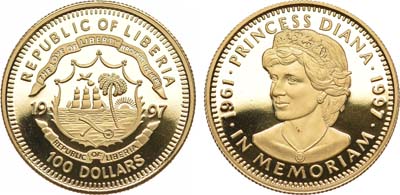 Лот №714, Либерия. 100 долларов 1997 года. В память принцессы Дианы.