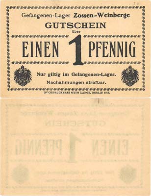 Лот №246,  Германия. Лагерь для военнопленных Цоссен-Вайнберге. 1 пфенниг (1916) года.