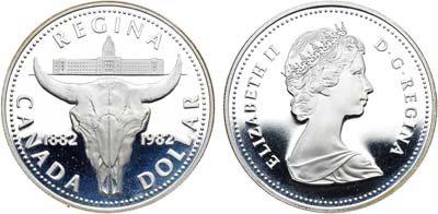 Лот №30,  Канада. Конституционная монархия. Королева Елизавета II. 1 доллар 1982 года. 100 лет городу Реджайна.