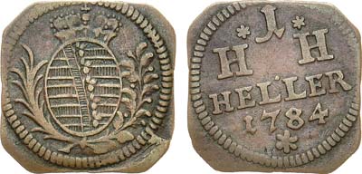 Лот №221,  Священная Римская империя. Герцогство Саксен-Гильдбурггаузен. Герцог Иосиф Мария Фридрих Вильгельм . 1 геллер 1784 года. Клиппа.