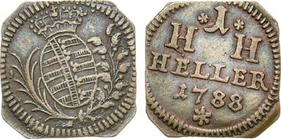 Лот №224,  Священная Римская империя. Герцогство Саксен-Гильдбурггаузен. Герцог Фридрих IV. 1 геллер 1788 года. Клиппа.