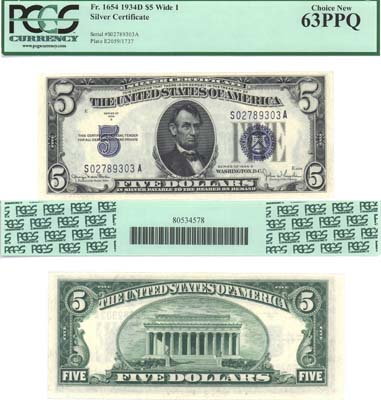 Лот №255,  США. Серебряный сертификат 5 долларов 1934 года. В холдере PCGS 63 PPQ Choice New.