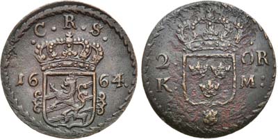 Лот №286,  Королевство Швеция. Король Карл XI. 2 эре 1664 года (K.M.).