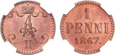 Лот №874, 1 пенни 1867 года. В слабе ННР MS 63 RB.