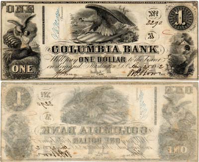 Лот №332,  США. Колумбия банк. Вашингтон ДСи. 1 доллар 1852 года.