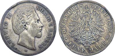 Лот №233,  Германская империя. Королевство Пруссия. Король Вильгельм I. 5 марок 1874 года.