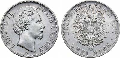 Лот №234,  Германская империя. Королевство Бавария. Король Людвиг II. 2 марки 1877 года.