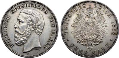 Лот №235,  Германская империя. Великое герцогство Баден. Великий герцог Фридрих. 5 марок 1888 года.