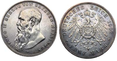 Лот №243,  Германская империя. Герцогство Саксен-Мейнинген. Герцог Георг II.  5 марок 1902 года.