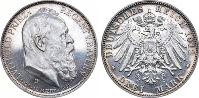 Лот №259,  Германская Империя. Королевство Бавария. Принц-регент Луитпольд. 3 марки 1911 года.
