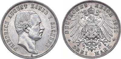 Лот №262,  Германская Империя. Королевство Саксония. Король Фридрих Август. 3 марки 1911 года.