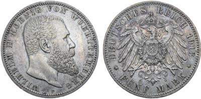 Лот №263,  Германская империя. Королевство Вюртемберг. Король Вильгельм II. 5 марок 1913 года.