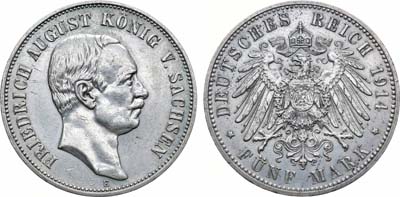 Лот №269,  Германская Империя. Королевство Саксония. Король Фридрих Август. 5 марок 1914 года.