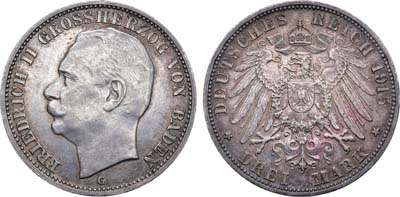 Лот №271,  Германская империя. Великое герцогство Баден. Великий герцог Фридрих II. 3 марки 1915 года.