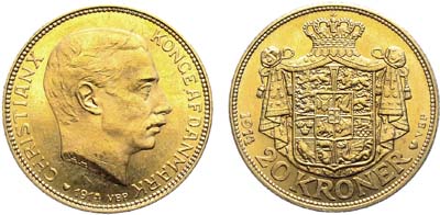 Лот №304,  Королевство Дания. Король Кристиан X. 20 крон 1914 года. VBP.