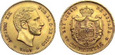 Лот №321,  Королевство Испания. Король Альфонсо XII. 25 песет 1881 года.