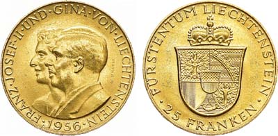 Лот №341,  Княжество Лихтенштейн. Князь Франц Иосиф II. 25 франков 1956 года.