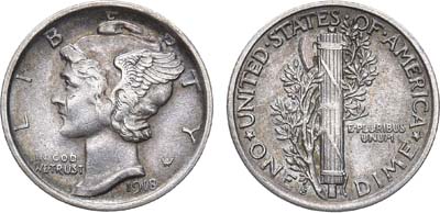 Лот №369,  США. Дайм (10 центов) 1918 года. Меркурий.