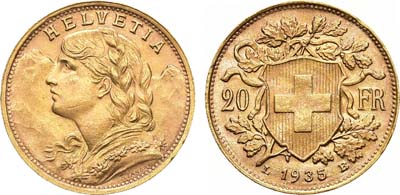 Лот №390,  Швейцария. Конфедерация. 20 франков 1935 года (L-B). Рестрайк.