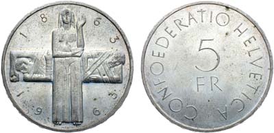 Лот №392,  Швейцария. Конфедерация. 5 франков 1963 года. 100 лет Красному Кресту.