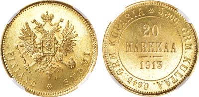 Лот №127, 20 марок 1913 года. S. В слабе ННР MS 64.