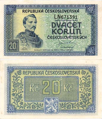 Лот №558,  Чехословакия. Республика. 20 крон образца 1945 года. SPECIMEN.