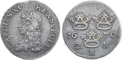 Лот №171,  Королевство Швеция. Король Карл XI. 2 марки 1670 года.