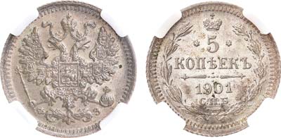 Лот №819, 5 копеек 1901 года. СПБ-ФЗ. В слабе ННР MS 64.