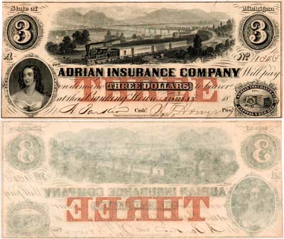 Лот №535,  США. Adrian Insurance Company. Штат Мичиган. 3 доллара 18XX (1853-1855) года.