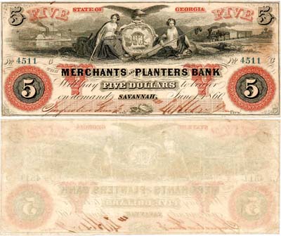 Лот №537,  США. Джорджия. Merchants & Planters bank. 5 долларов 1860 года.