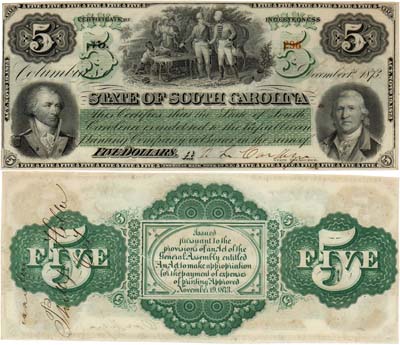 Лот №542,  США. Южная Королина. Колумбия State bank. 5 долларов 1873 года.