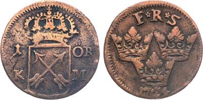 Лот №658,  Королевство Швеция. Король Фредрик I. 1 эре 1724 года (F•R•S).