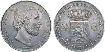 Лот №236,  Королевство Нидерланды. Король Виллем III. 2 1/2 гульдена 1874 года.