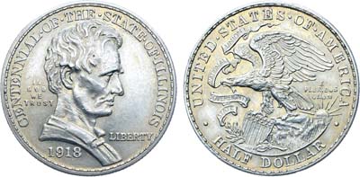 Лот №259,  США. 1/2 доллара (50 центов) 1918 года. В память 100-летия штата Иллинойс. Авраам Линкольн.