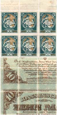 Лот №290,  Блок из 6 почтовых марок Латвии 1920 года по 1 рублю. Вторичное использование на 10 марках Митавы 1919 года.